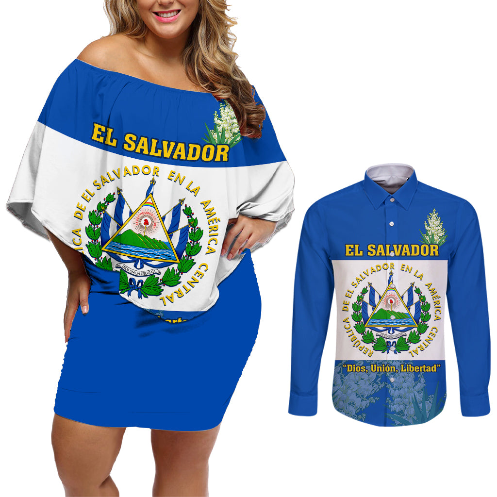 El Salvador Couples Matching Off Shoulder Short Dress and Long Sleeve Button Shirts Coat Of Arms Mix Flor De Izote - Wonder Print Shop