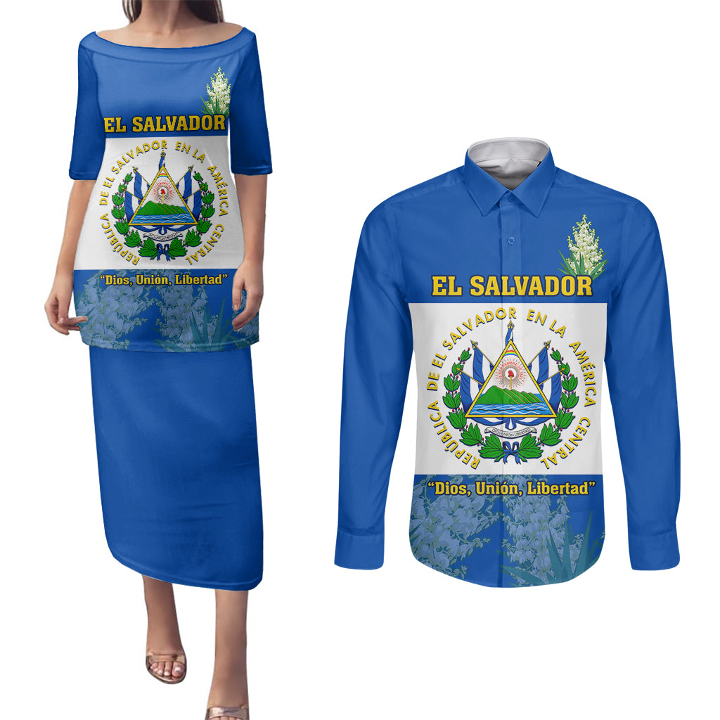 El Salvador Couples Matching Puletasi Dress and Long Sleeve Button Shirts Coat Of Arms Mix Flor De Izote - Wonder Print Shop