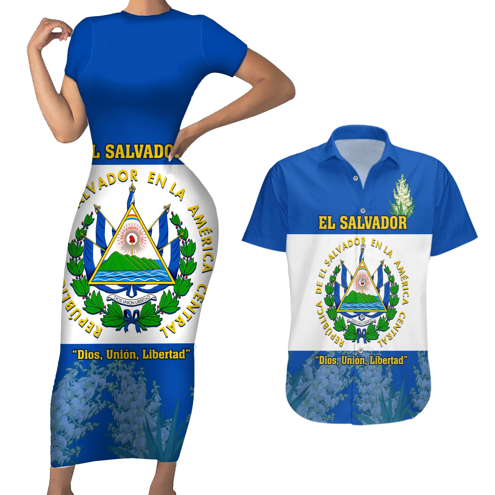 El Salvador Couples Matching Short Sleeve Bodycon Dress and Hawaiian Shirt Coat Of Arms Mix Flor De Izote - Wonder Print Shop