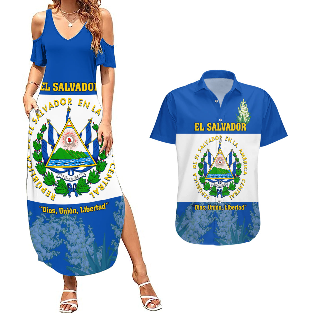 El Salvador Couples Matching Summer Maxi Dress and Hawaiian Shirt Coat Of Arms Mix Flor De Izote - Wonder Print Shop