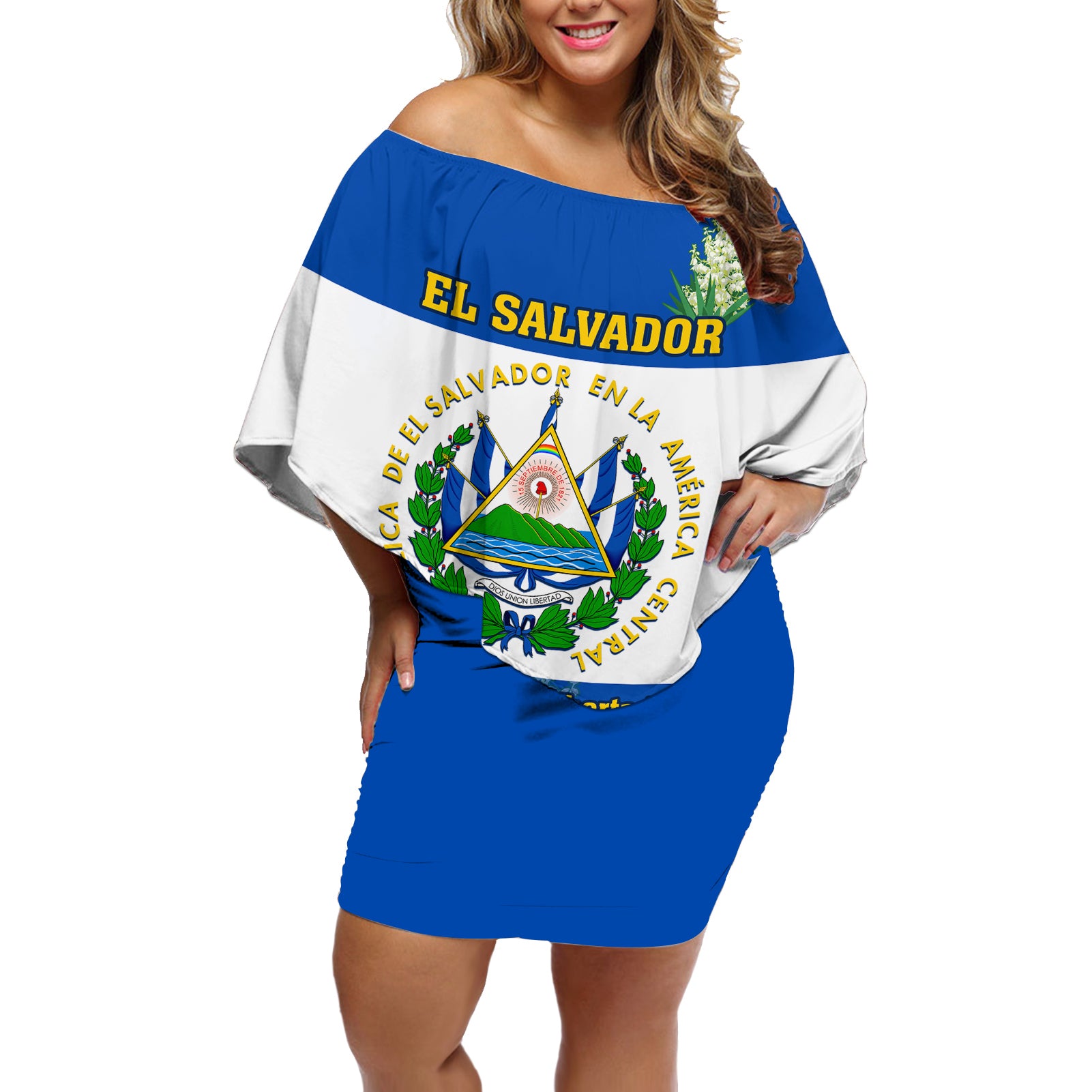 El Salvador Off Shoulder Short Dress Coat Of Arms Mix Flor De Izote - Wonder Print Shop