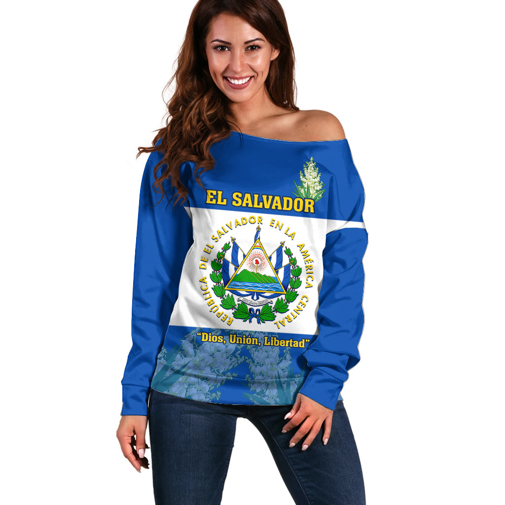 El Salvador Off Shoulder Sweater Coat Of Arms Mix Flor De Izote - Wonder Print Shop