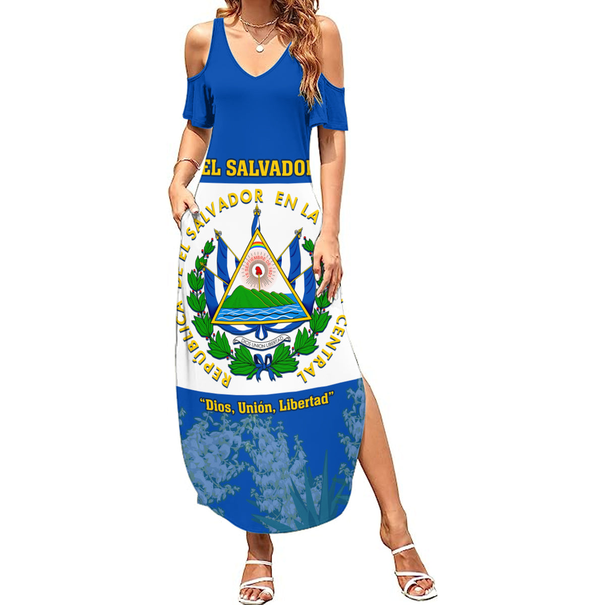 El Salvador Summer Maxi Dress Coat Of Arms Mix Flor De Izote - Wonder Print Shop