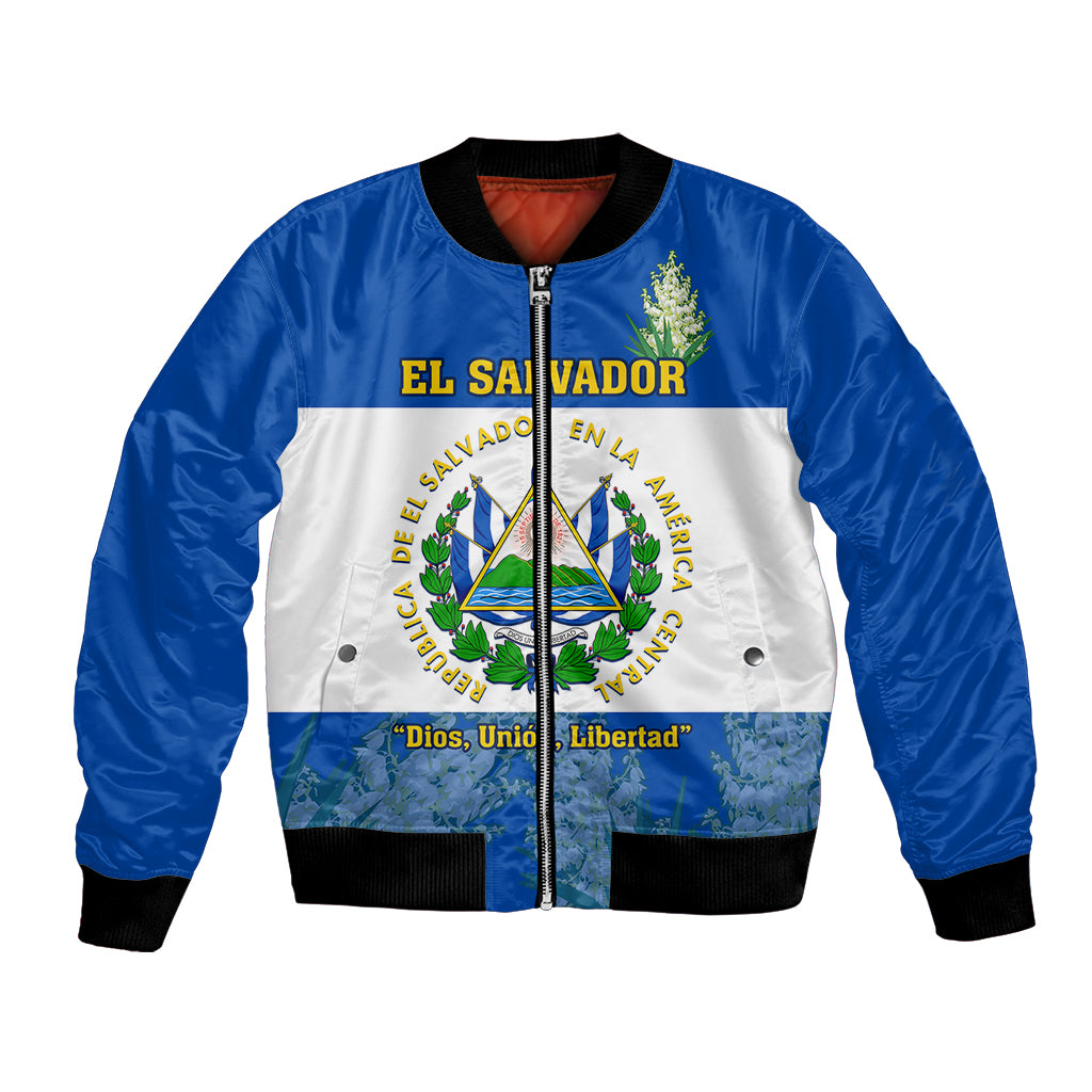 Blue bomber jacket with front zip and large EL SALVADOR emblem print