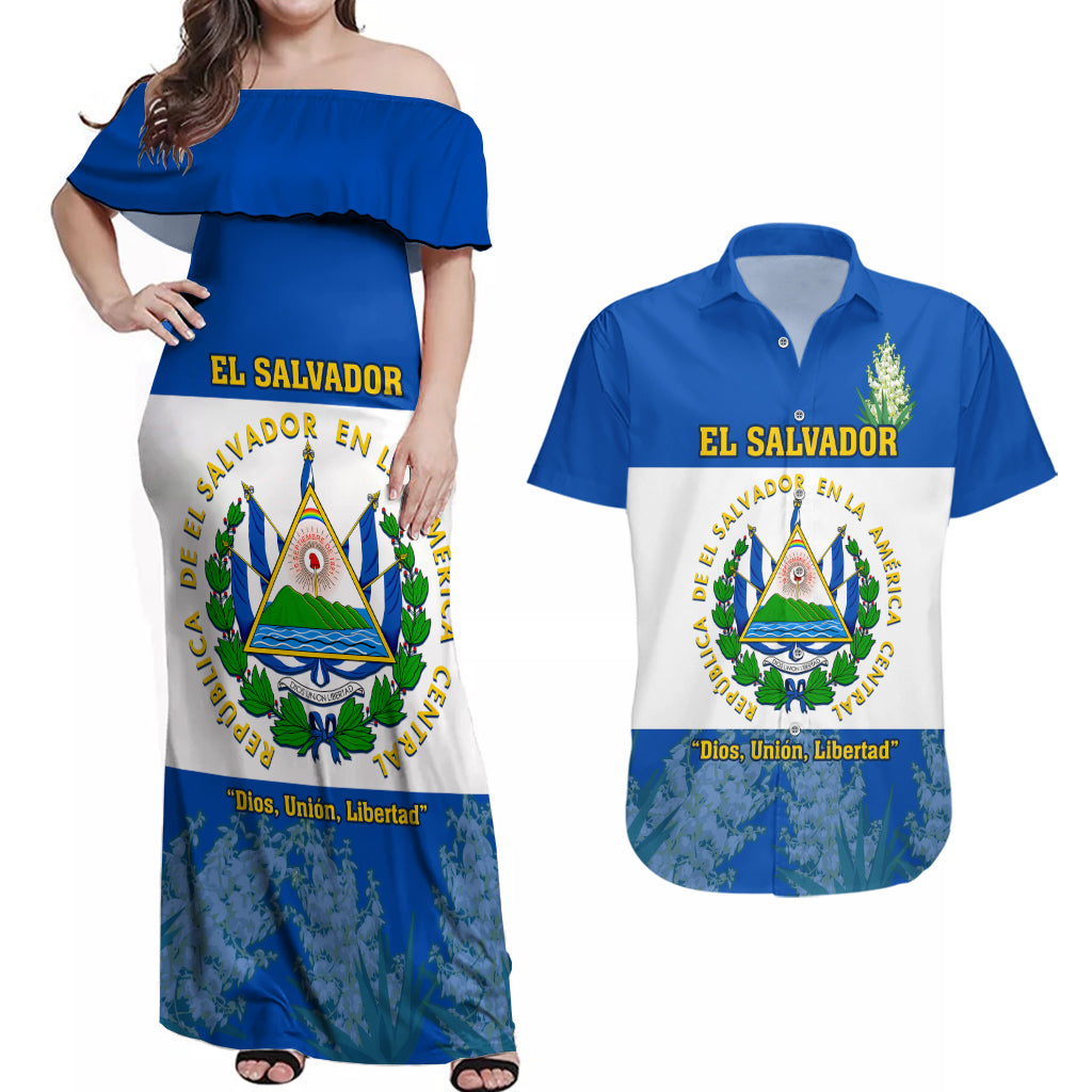 Custom El Salvador Couples Matching Off Shoulder Maxi Dress and Hawaiian Shirt Coat Of Arms Mix Flor De Izote - Wonder Print Shop