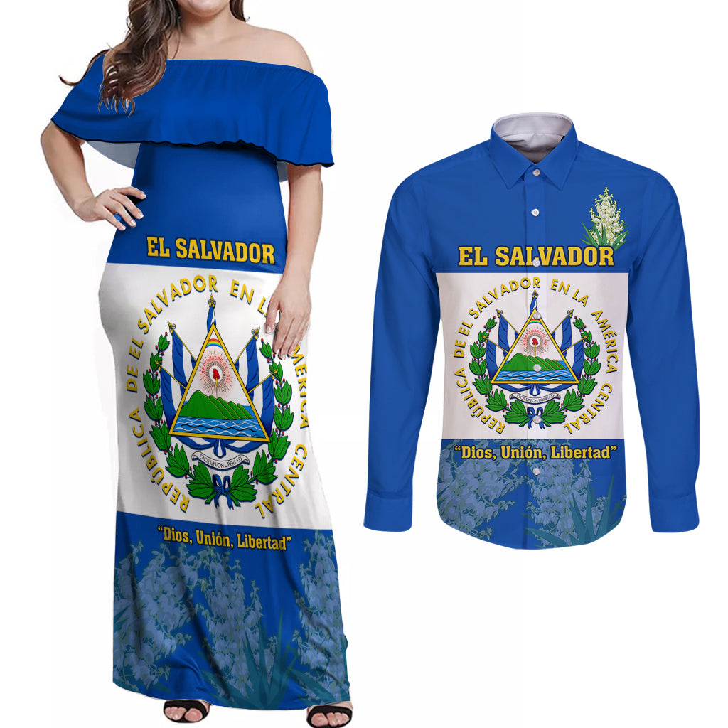 Custom El Salvador Couples Matching Off Shoulder Maxi Dress and Long Sleeve Button Shirts Coat Of Arms Mix Flor De Izote - Wonder Print Shop