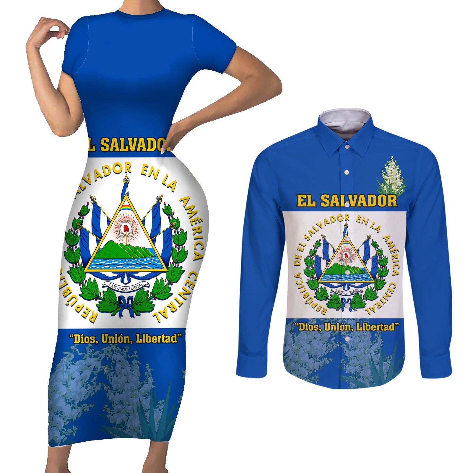 Custom El Salvador Couples Matching Short Sleeve Bodycon Dress and Long Sleeve Button Shirts Coat Of Arms Mix Flor De Izote - Wonder Print Shop