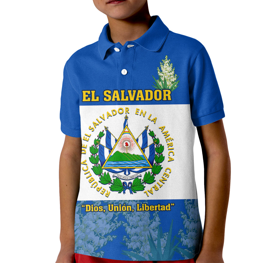 Custom El Salvador Kid Polo Shirt Coat Of Arms Mix Flor De Izote - Wonder Print Shop