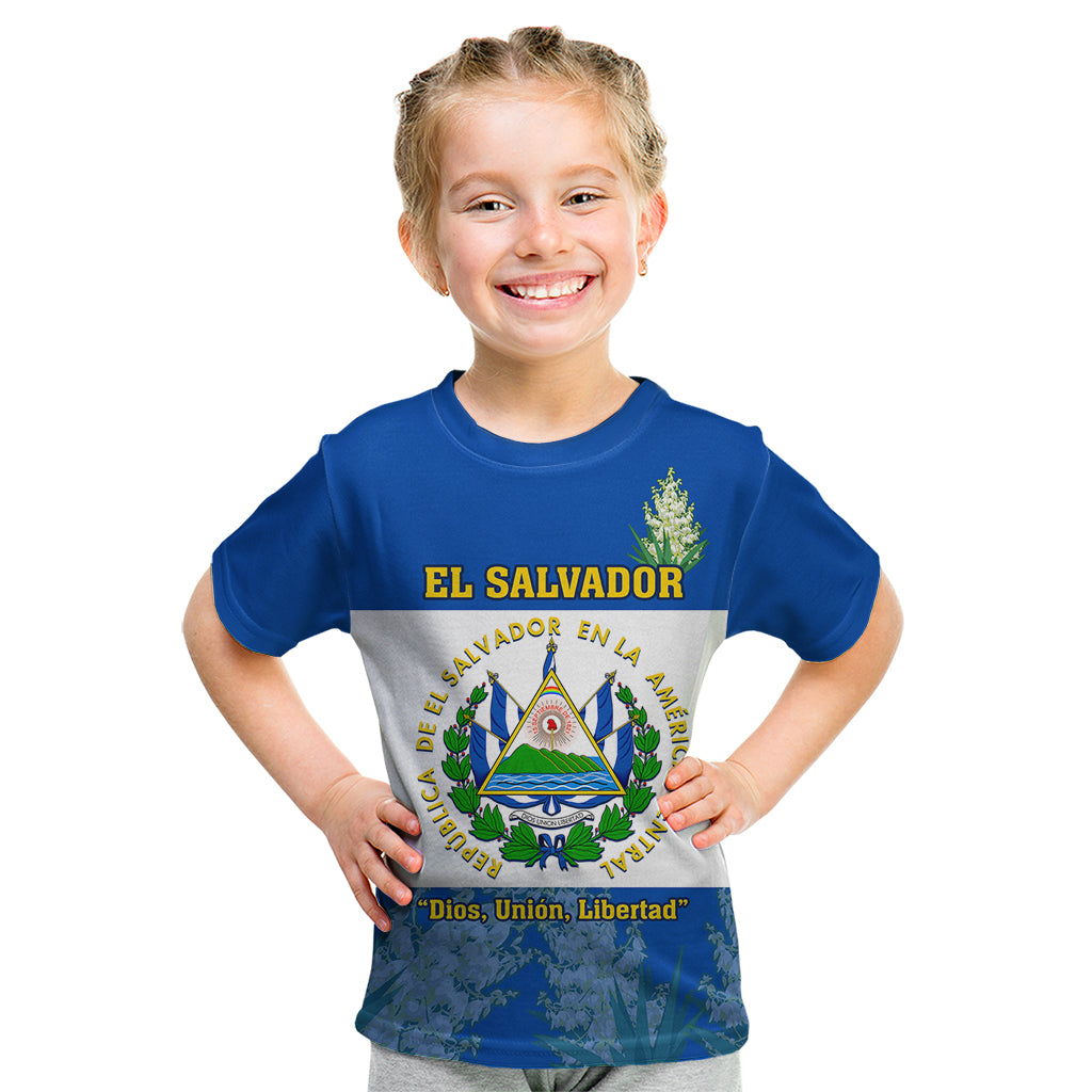 Custom El Salvador Kid T Shirt Coat Of Arms Mix Flor De Izote - Wonder Print Shop