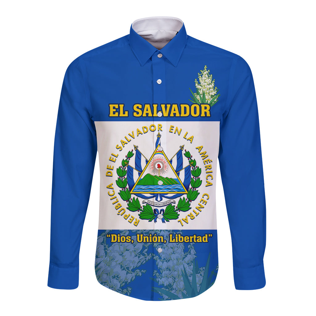 Blue long sleeve button shirt with El Salvador coat of arms graphic