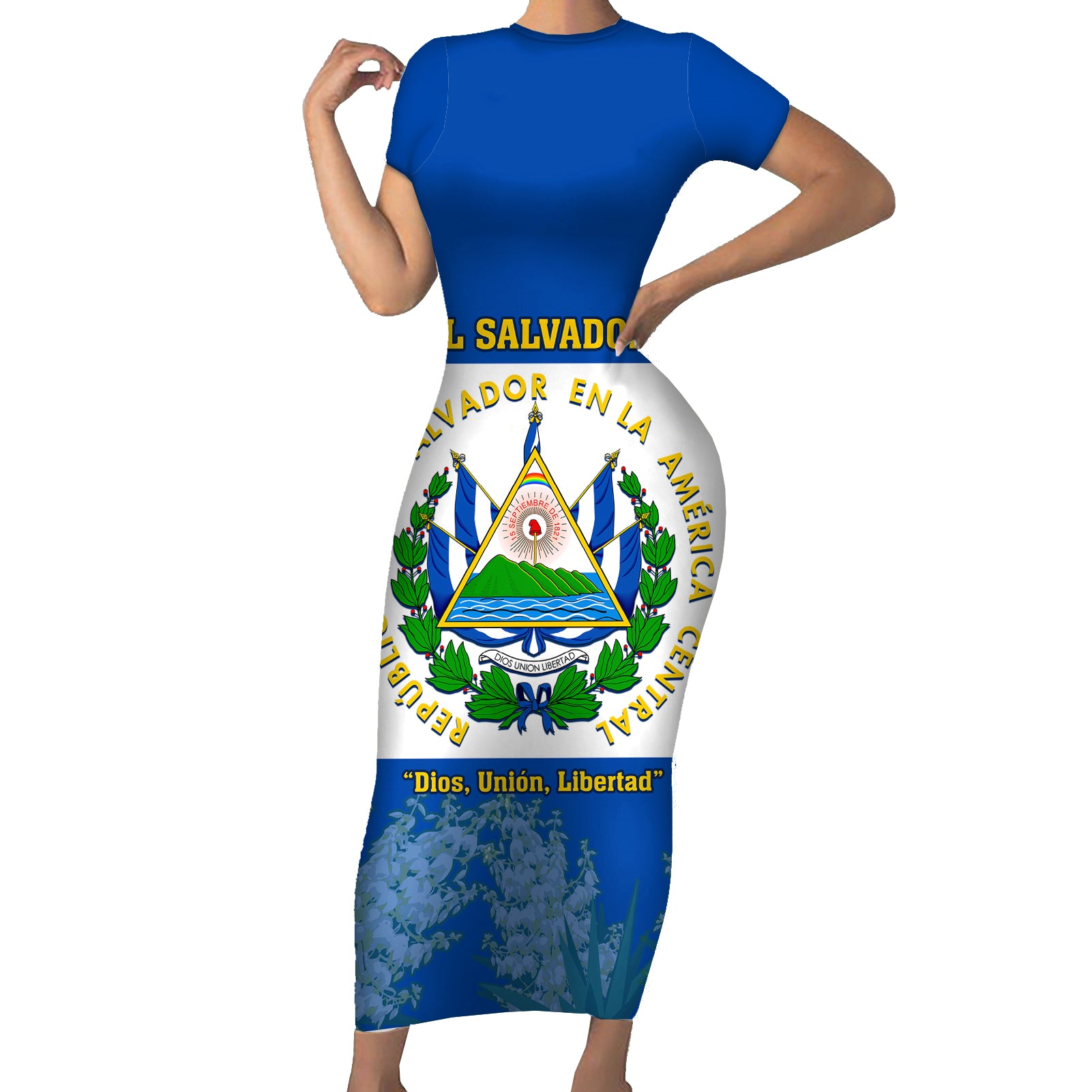 Custom El Salvador Short Sleeve Bodycon Dress Coat Of Arms Mix Flor De Izote - Wonder Print Shop