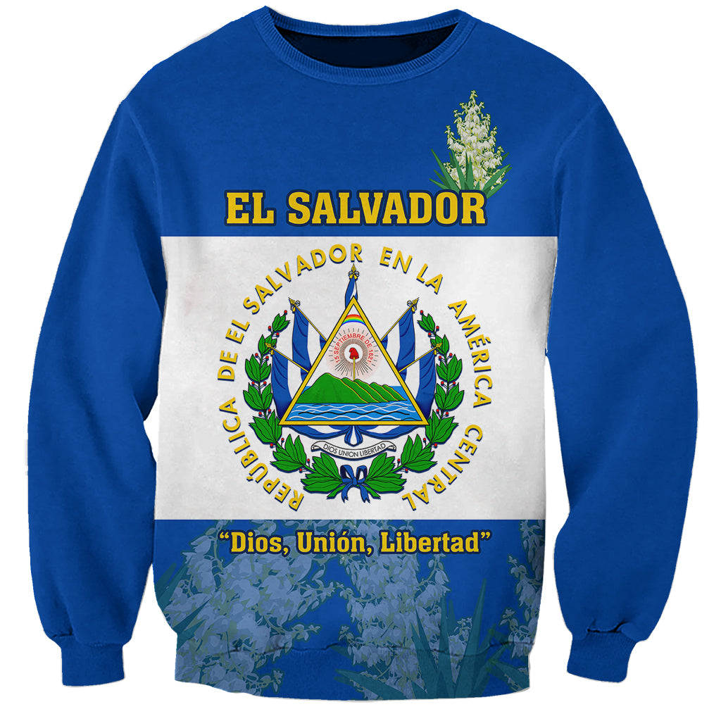 Blue El Salvador sweatshirt with coat of arms and Flor de Izote graphic