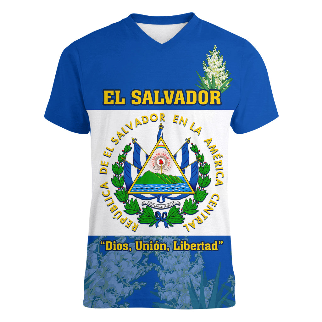 Custom El Salvador Women V Neck T Shirt Coat Of Arms Mix Flor De Izote - Wonder Print Shop