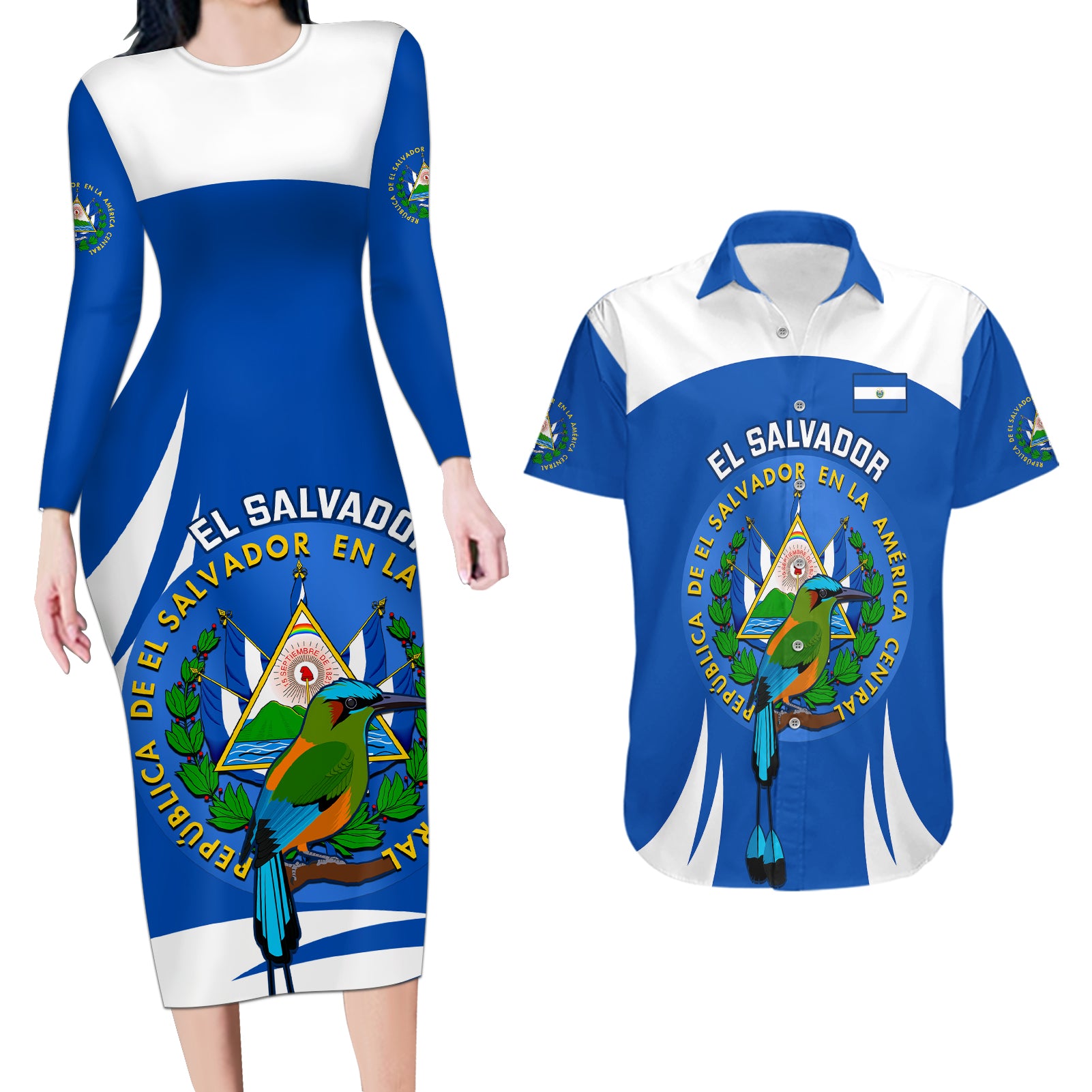 El Salvador Independence Day Couples Matching Long Sleeve Bodycon Dress and Hawaiian Shirt Torogoz With Coat Of Arms Proud - Wonder Print Shop