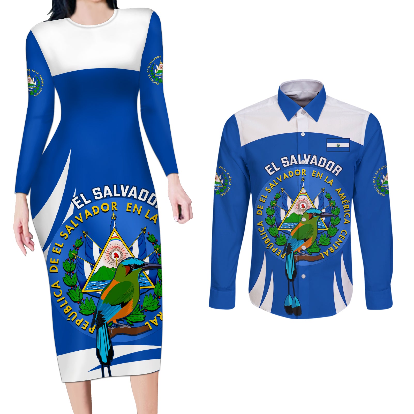 El Salvador Independence Day Couples Matching Long Sleeve Bodycon Dress and Long Sleeve Button Shirts Torogoz With Coat Of Arms Proud - Wonder Print Shop