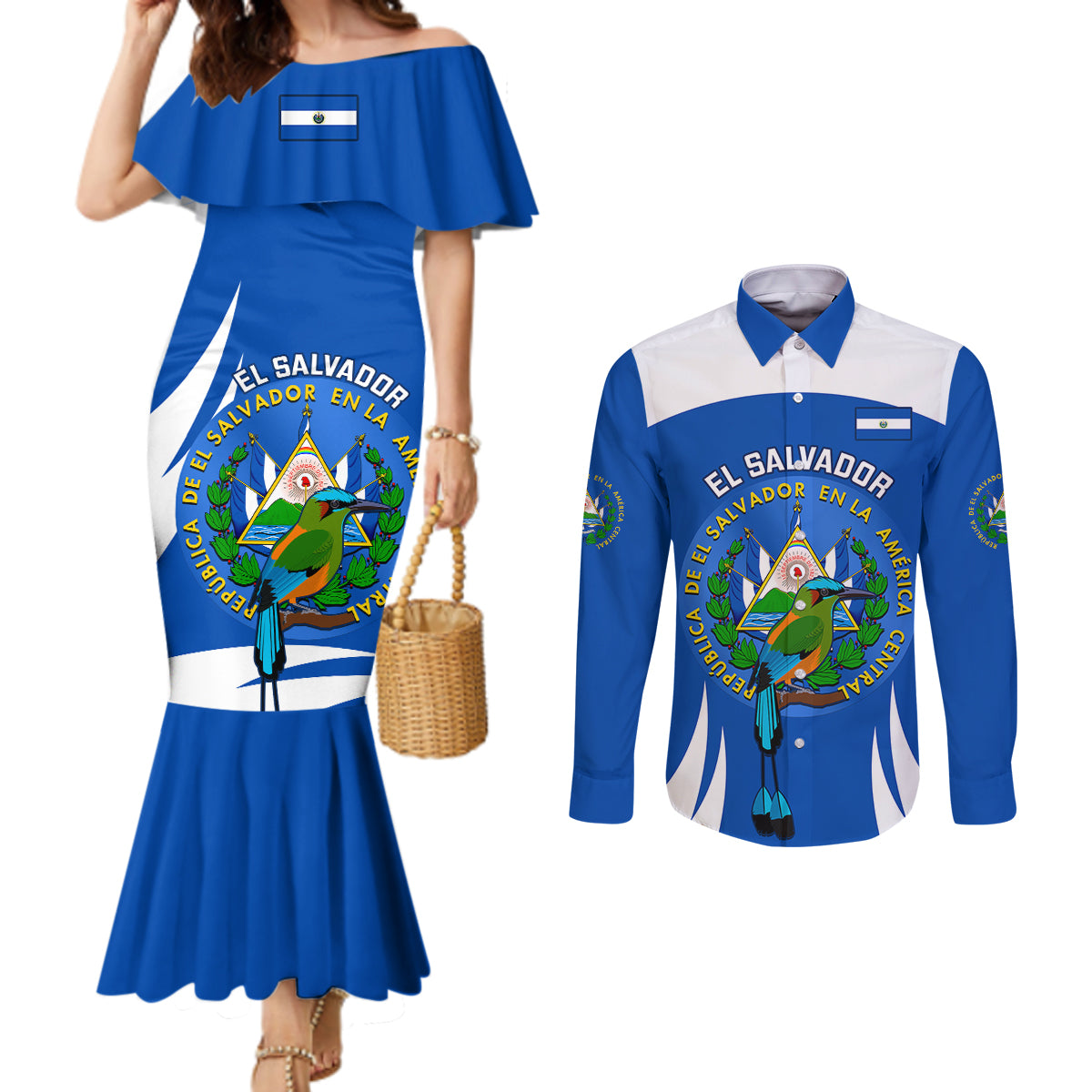 el-salvador-independence-day-couples-matching-mermaid-dress-and-long-sleeve-button-shirts-torogoz-with-coat-of-arms-proud