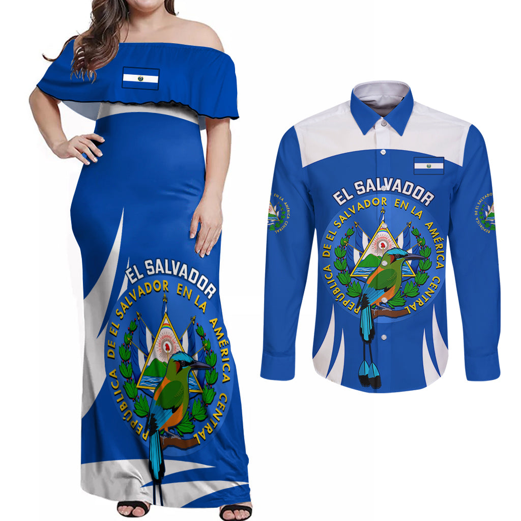 El Salvador Independence Day Couples Matching Off Shoulder Maxi Dress and Long Sleeve Button Shirts Torogoz With Coat Of Arms Proud - Wonder Print Shop