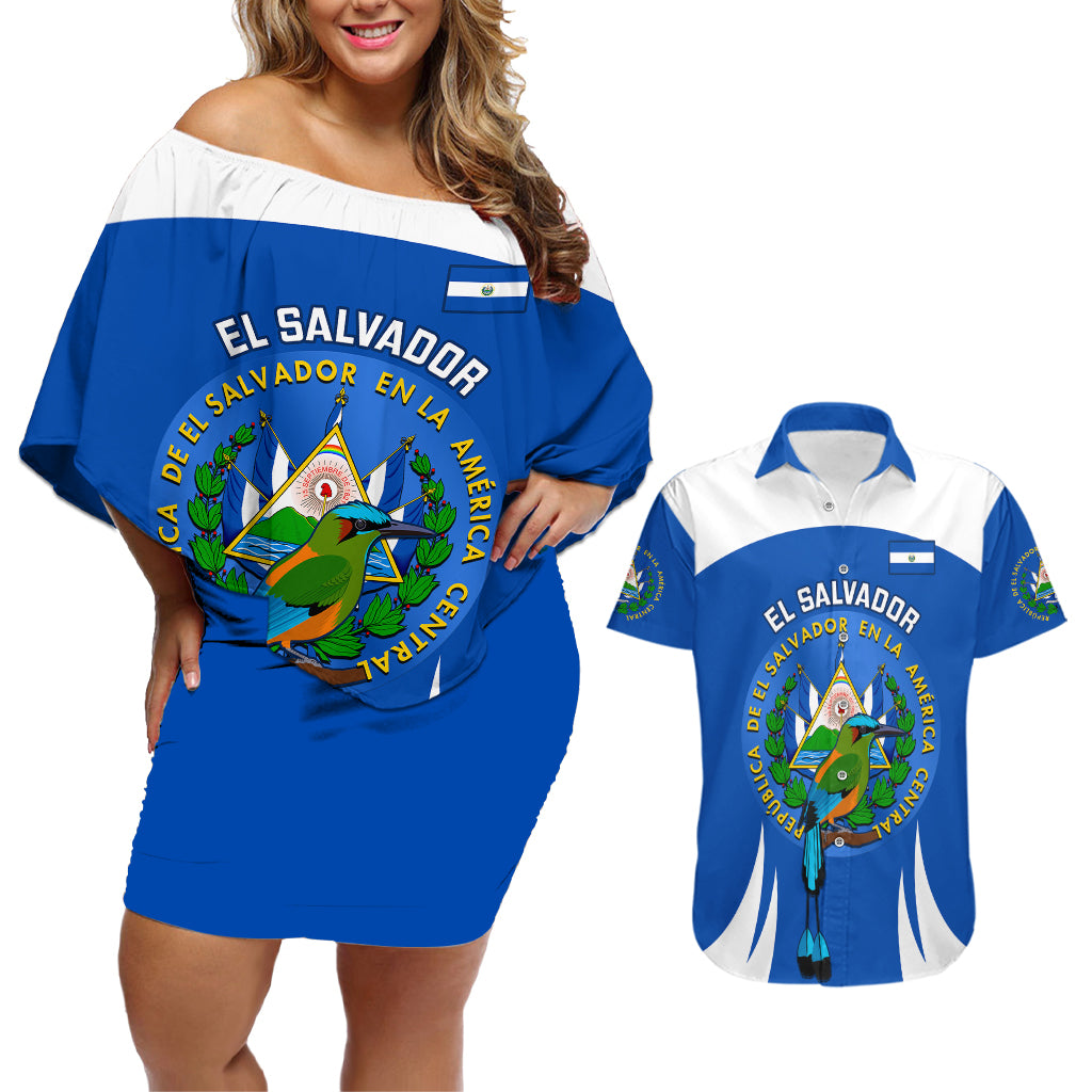 El Salvador Independence Day Couples Matching Off Shoulder Short Dress and Hawaiian Shirt Torogoz With Coat Of Arms Proud - Wonder Print Shop