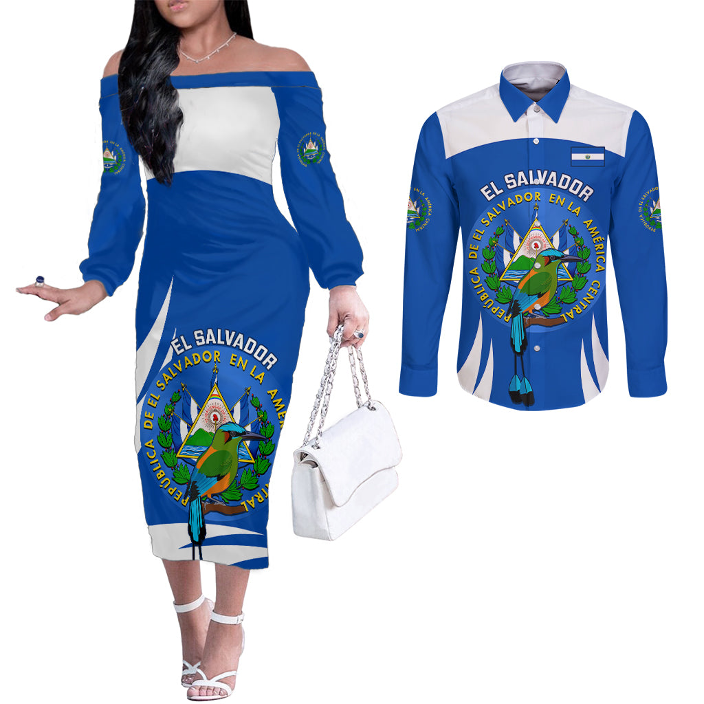 el-salvador-independence-day-couples-matching-off-the-shoulder-long-sleeve-dress-and-long-sleeve-button-shirts-torogoz-with-coat-of-arms-proud