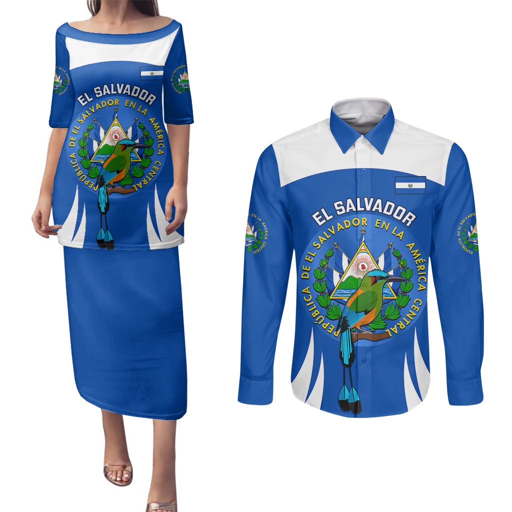 El Salvador Independence Day Couples Matching Puletasi Dress and Long Sleeve Button Shirts Torogoz With Coat Of Arms Proud - Wonder Print Shop