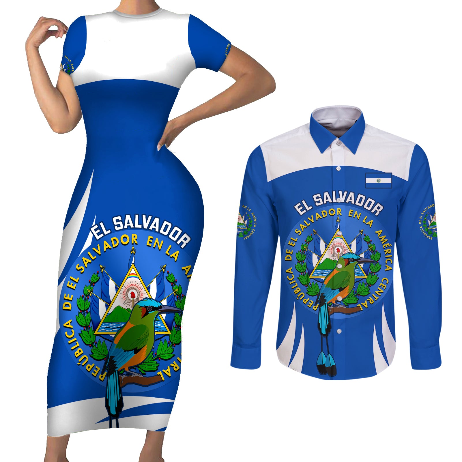 El Salvador Independence Day Couples Matching Short Sleeve Bodycon Dress and Long Sleeve Button Shirts Torogoz With Coat Of Arms Proud - Wonder Print Shop