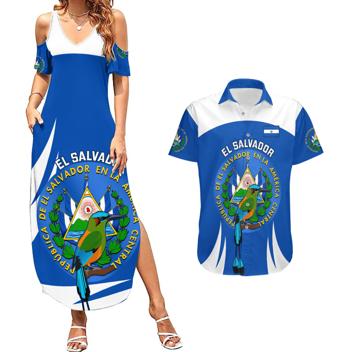 El Salvador Independence Day Couples Matching Summer Maxi Dress and Hawaiian Shirt Torogoz With Coat Of Arms Proud - Wonder Print Shop