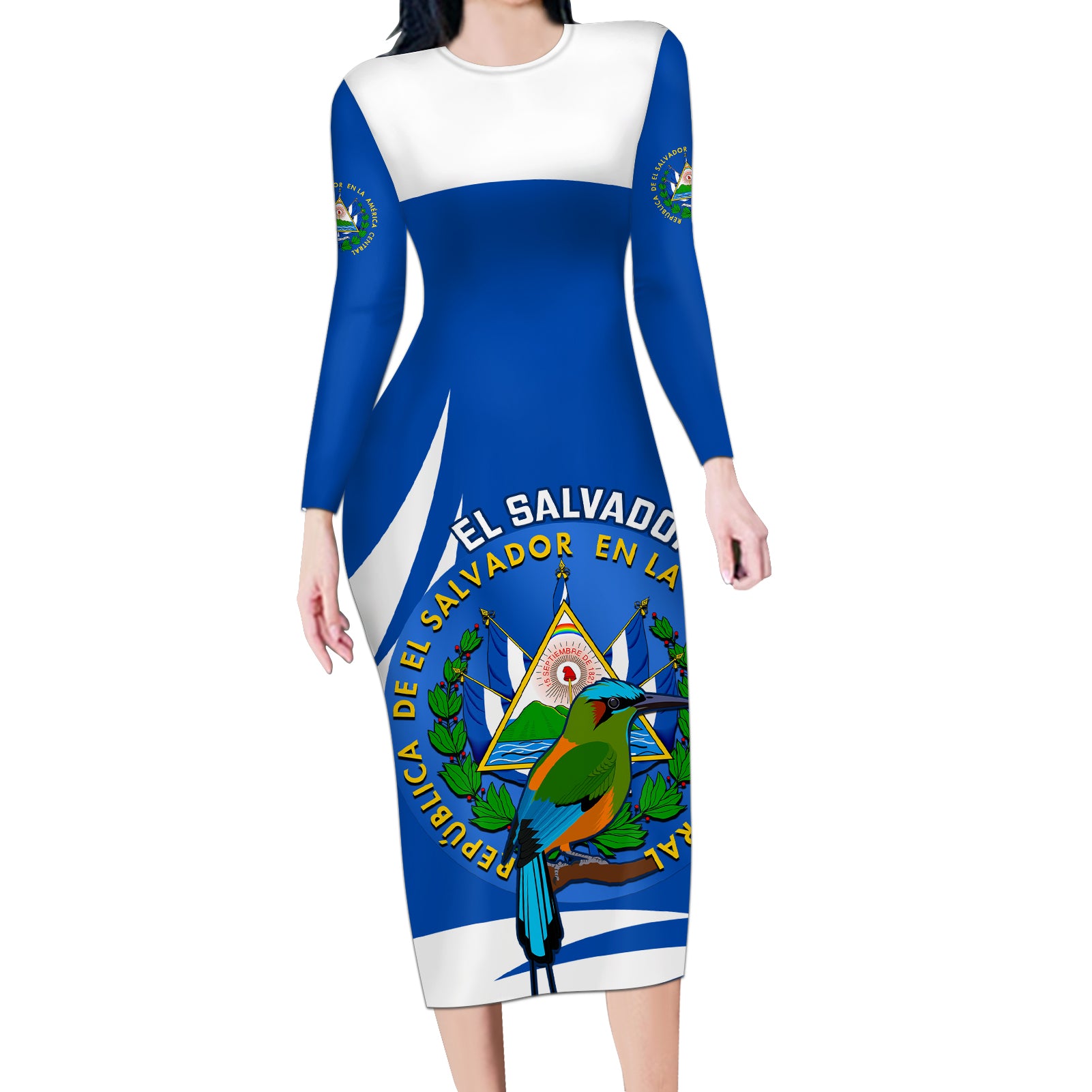 El Salvador Independence Day Long Sleeve Bodycon Dress Torogoz With Coat Of Arms Proud - Wonder Print Shop