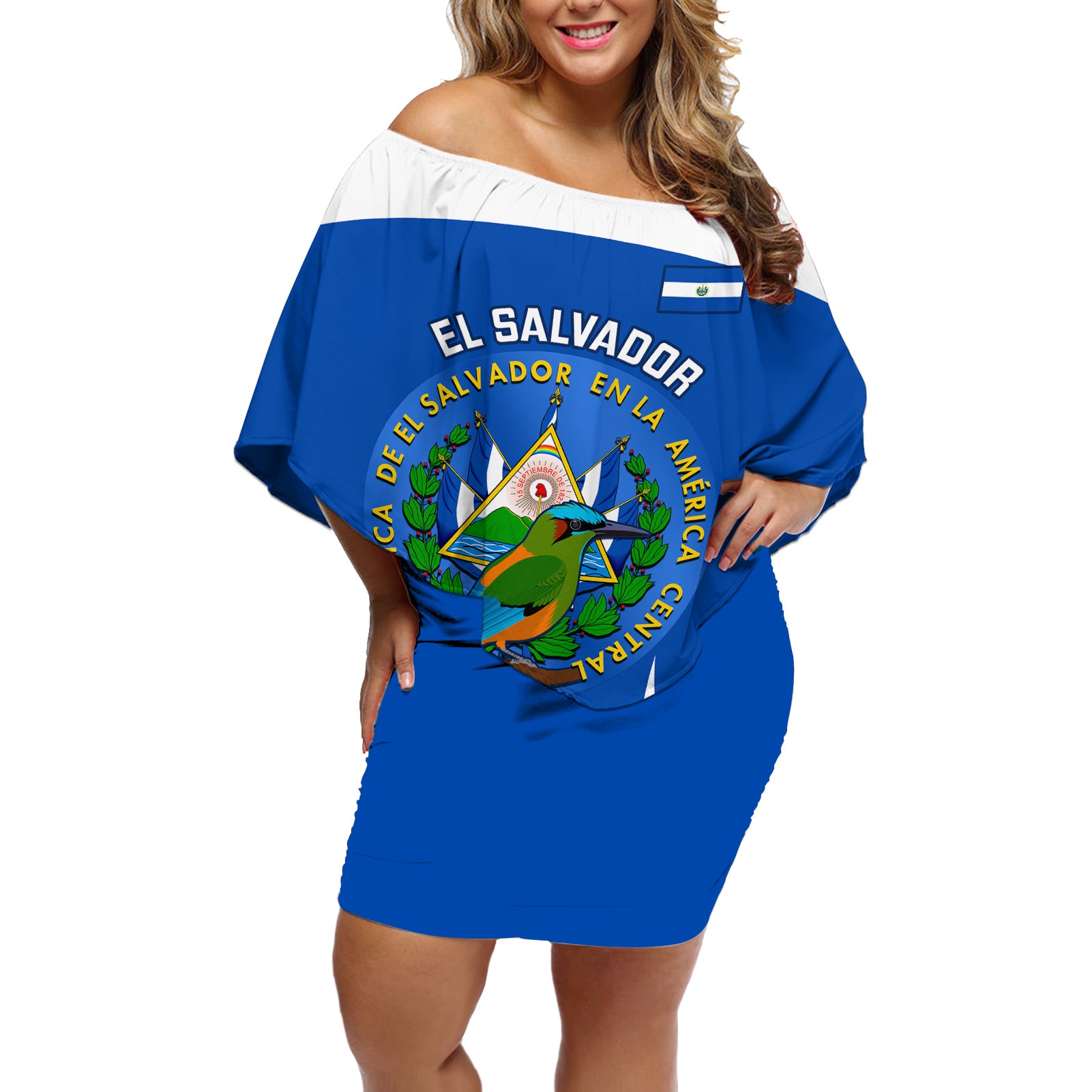 El Salvador Independence Day Off Shoulder Short Dress Torogoz With Coat Of Arms Proud - Wonder Print Shop