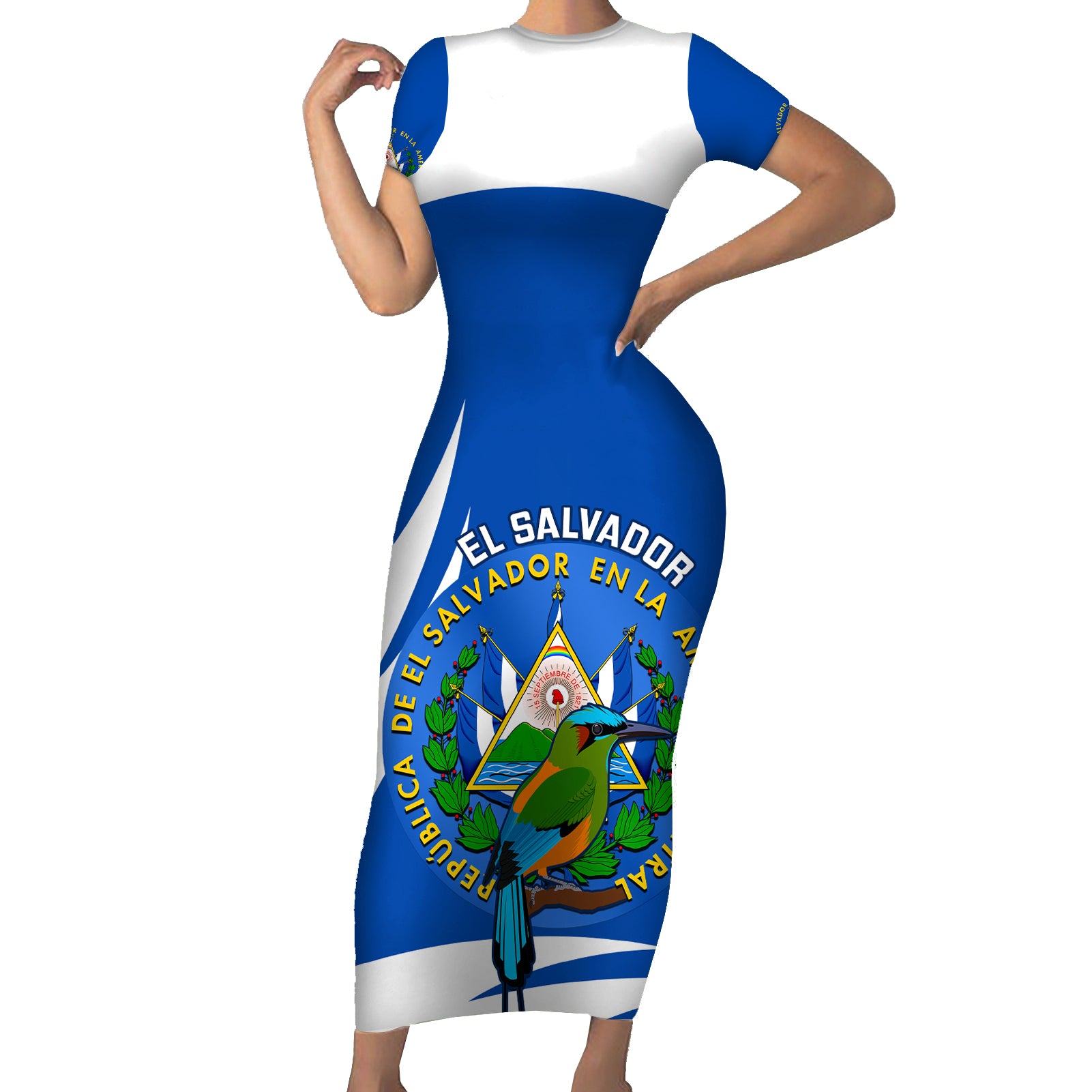 El Salvador Independence Day Short Sleeve Bodycon Dress Torogoz With Coat Of Arms Proud - Wonder Print Shop