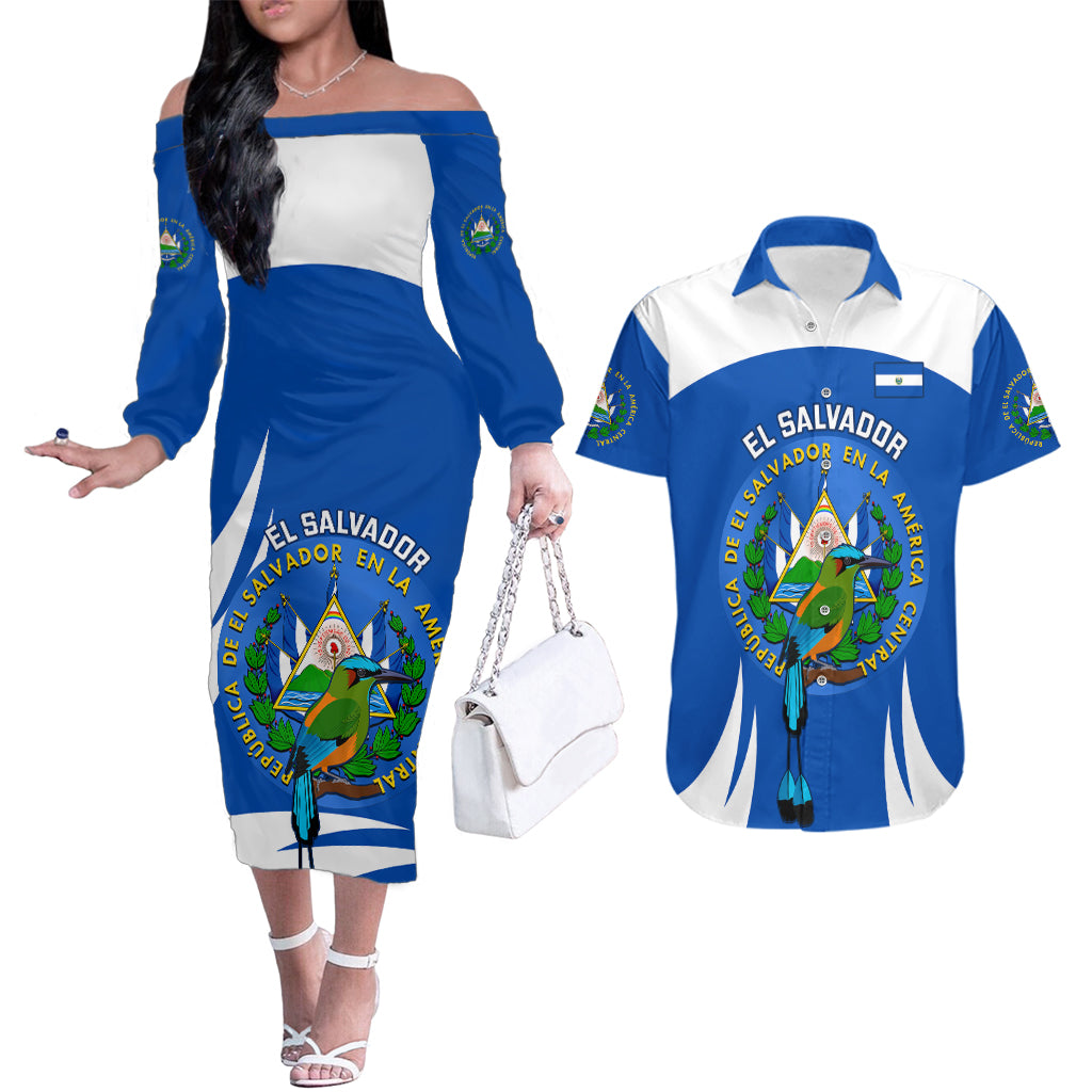 Custom El Salvador Independence Day Couples Matching Off The Shoulder Long Sleeve Dress and Hawaiian Shirt Torogoz With Coat Of Arms Proud - Wonder Print Shop