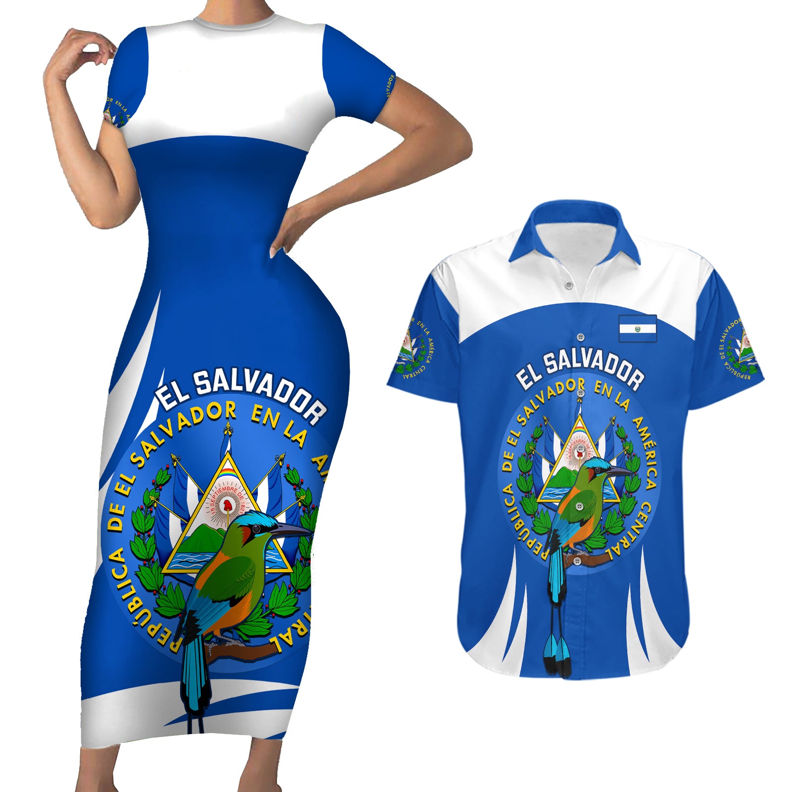 Custom El Salvador Independence Day Couples Matching Short Sleeve Bodycon Dress and Hawaiian Shirt Torogoz With Coat Of Arms Proud - Wonder Print Shop