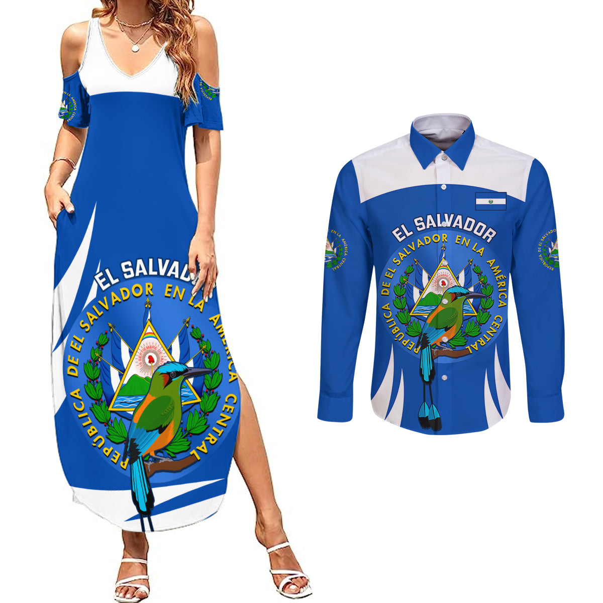 Custom El Salvador Independence Day Couples Matching Summer Maxi Dress and Long Sleeve Button Shirts Torogoz With Coat Of Arms Proud - Wonder Print Shop