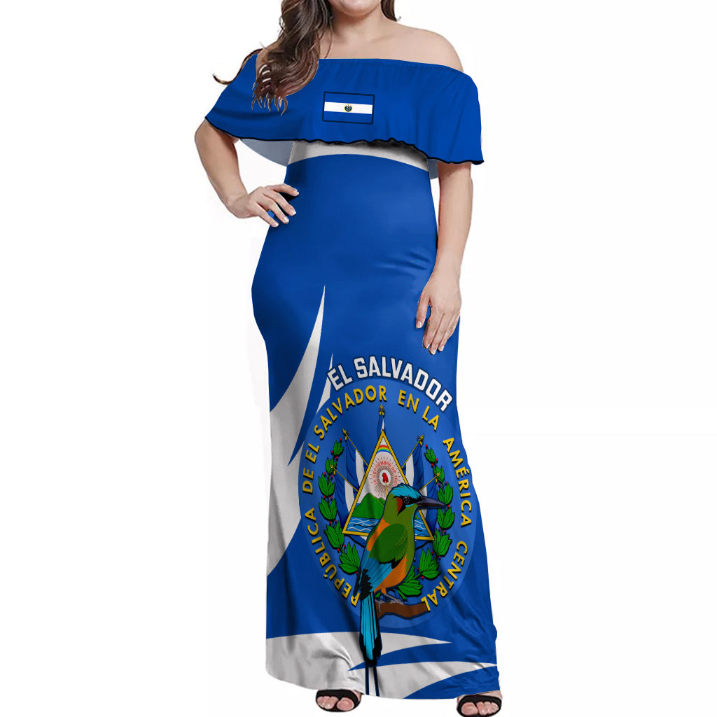 Custom El Salvador Independence Day Off Shoulder Maxi Dress Torogoz With Coat Of Arms Proud - Wonder Print Shop