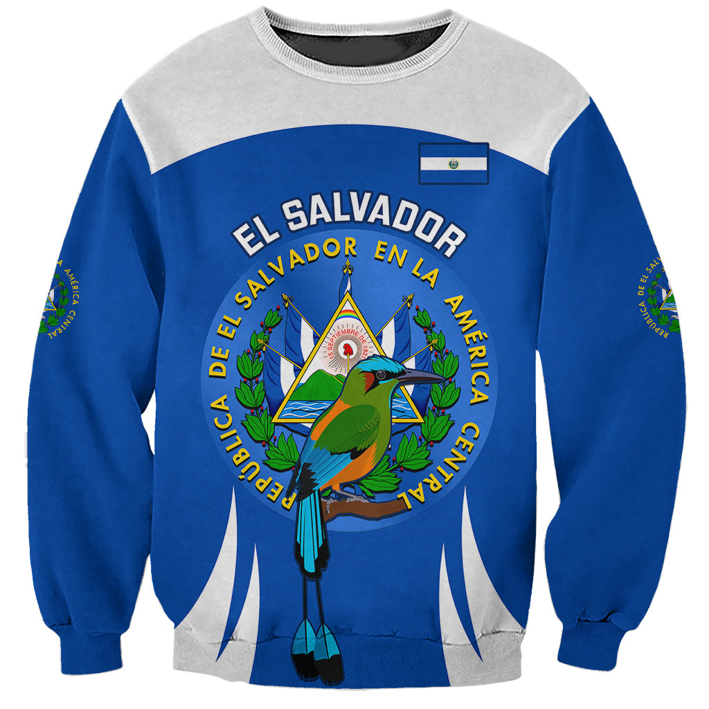 Unisex blue and gray sweatshirt with El Salvador coat of arms graphic on chest