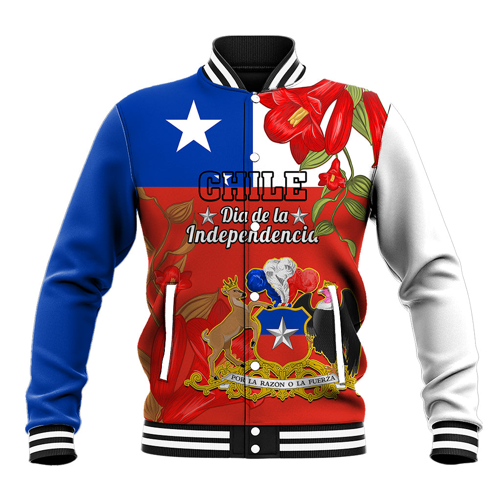 Unisex baseball jacket with red and blue graphic front, striped collar and cuffs