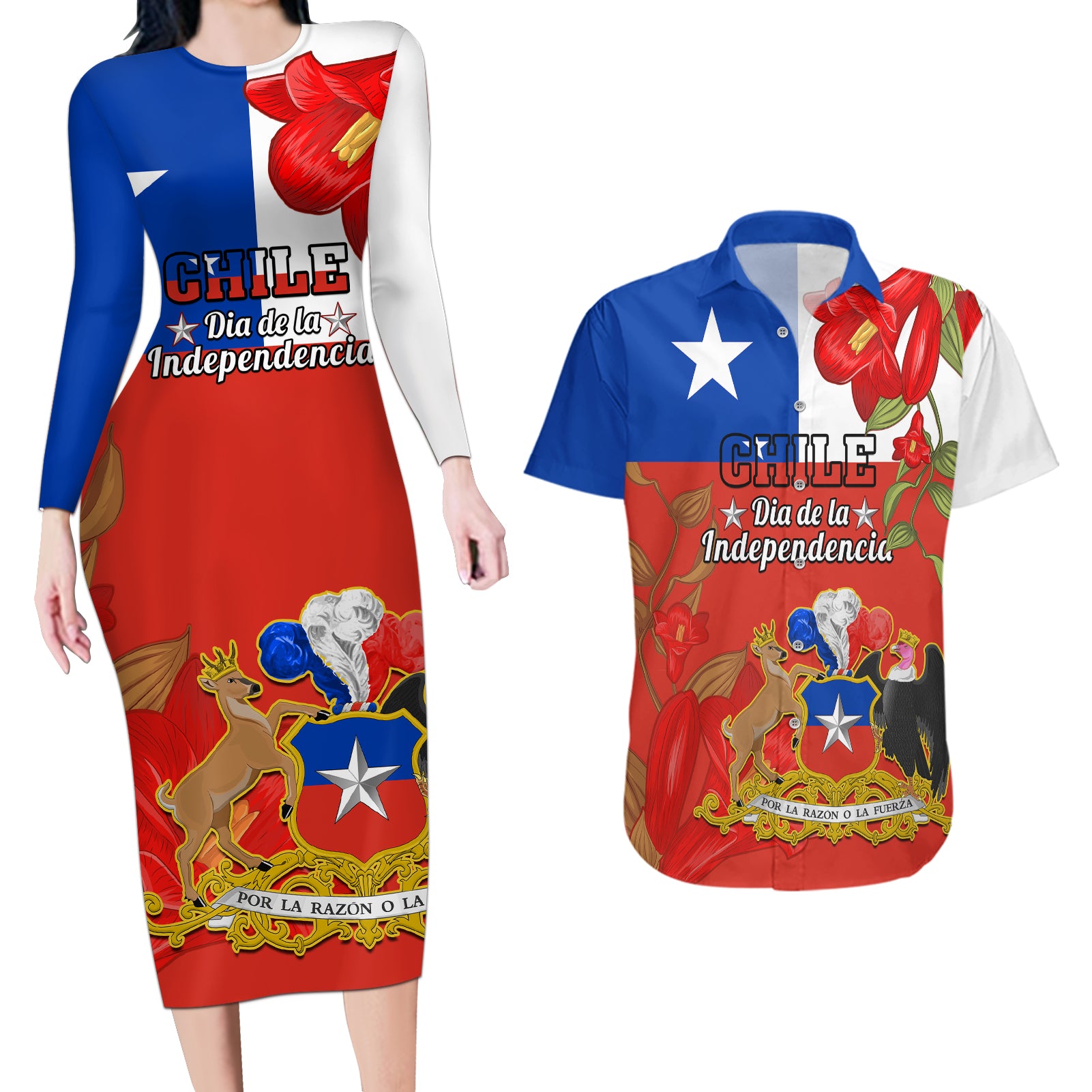 Chile Independence Day Couples Matching Long Sleeve Bodycon Dress and Hawaiian Shirt Chilean Copihue Felices Fiestas Patrias - Wonder Print Shop