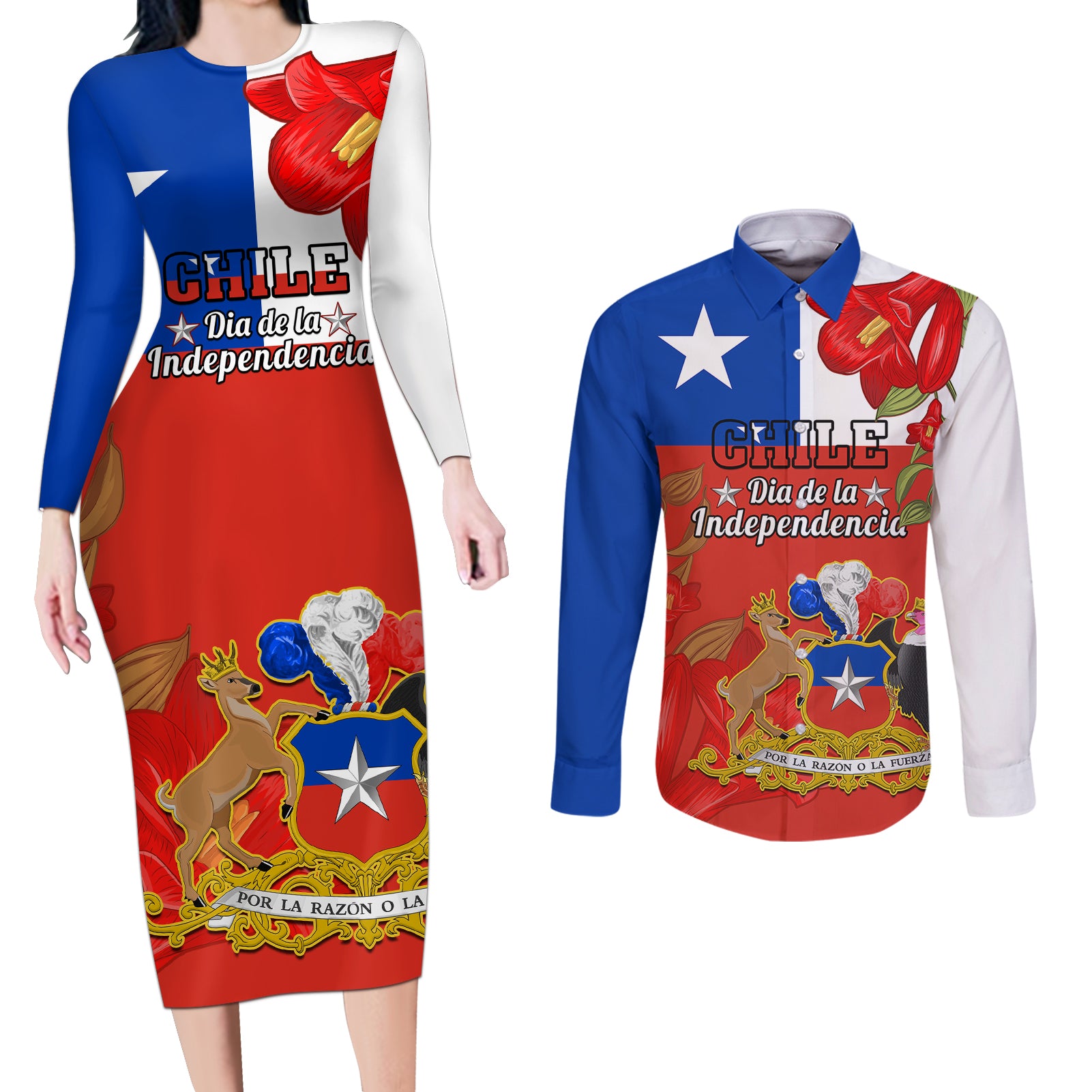 Chile Independence Day Couples Matching Long Sleeve Bodycon Dress and Long Sleeve Button Shirts Chilean Copihue Felices Fiestas Patrias - Wonder Print Shop