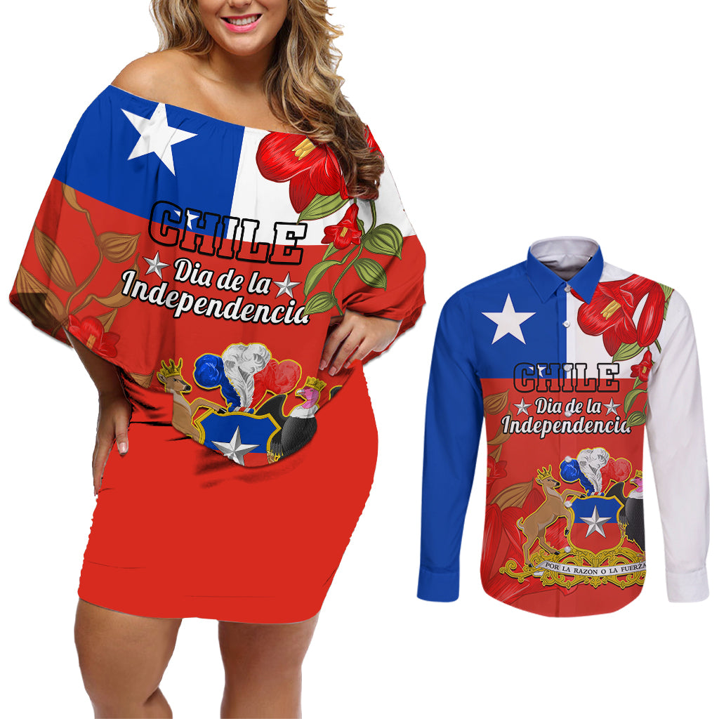 Chile Independence Day Couples Matching Off Shoulder Short Dress and Long Sleeve Button Shirts Chilean Copihue Felices Fiestas Patrias - Wonder Print Shop