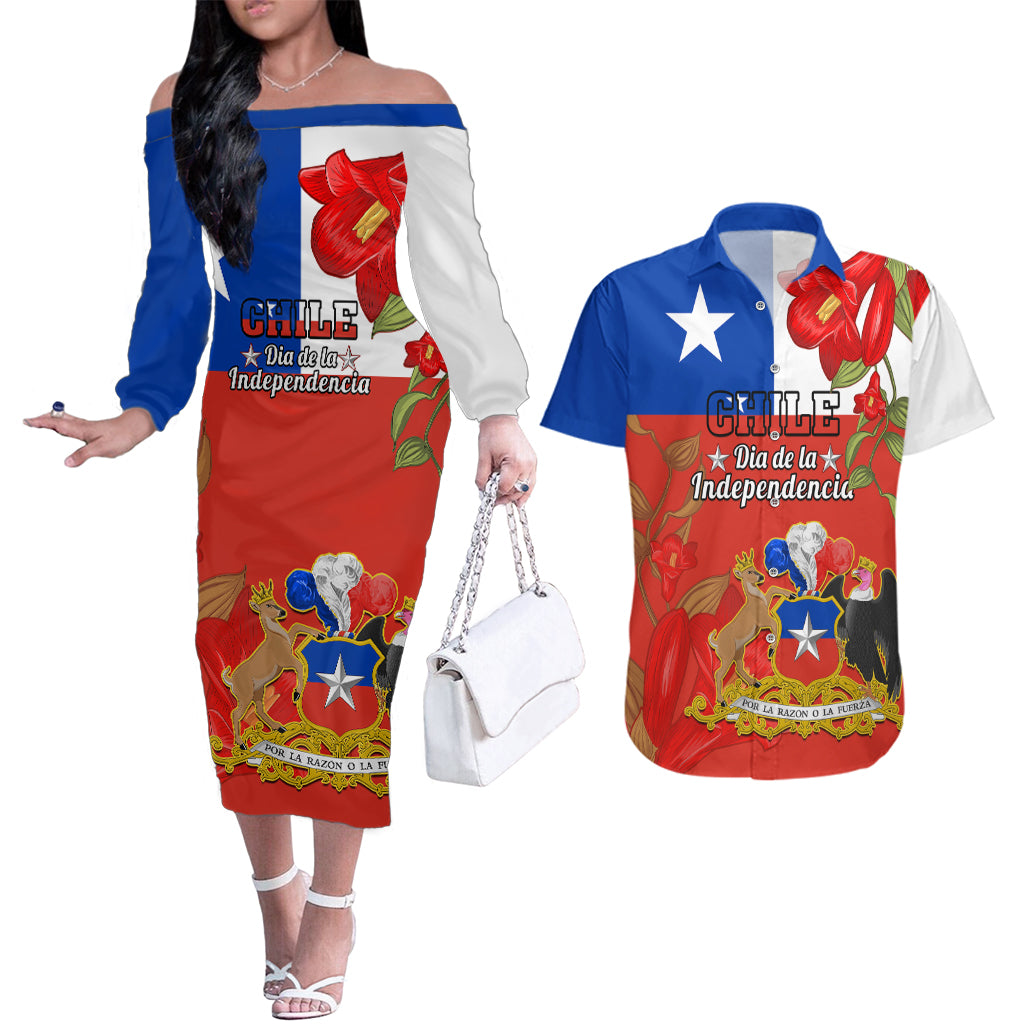 Chile Independence Day Couples Matching Off The Shoulder Long Sleeve Dress and Hawaiian Shirt Chilean Copihue Felices Fiestas Patrias - Wonder Print Shop