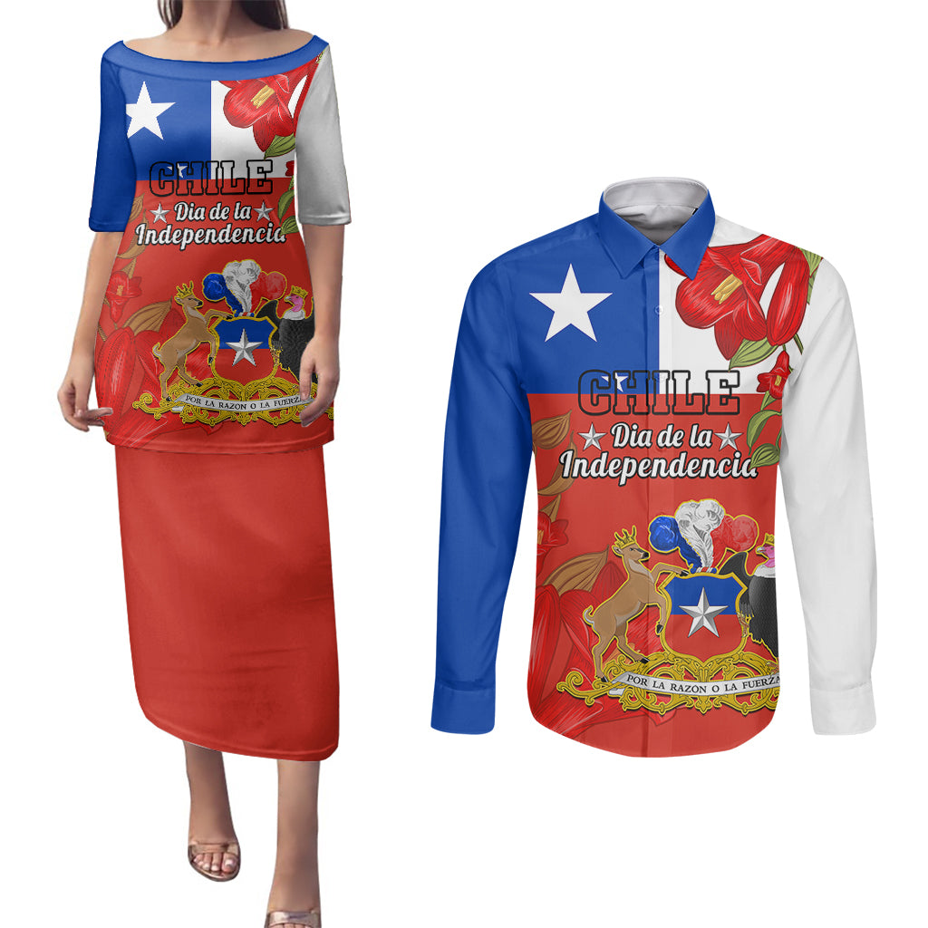 Chile Independence Day Couples Matching Puletasi Dress and Long Sleeve Button Shirts Chilean Copihue Felices Fiestas Patrias - Wonder Print Shop