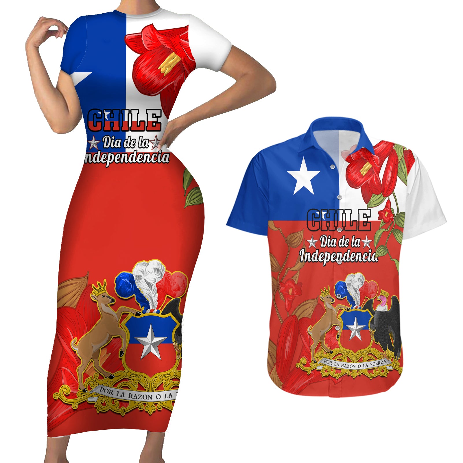 Chile Independence Day Couples Matching Short Sleeve Bodycon Dress and Hawaiian Shirt Chilean Copihue Felices Fiestas Patrias - Wonder Print Shop