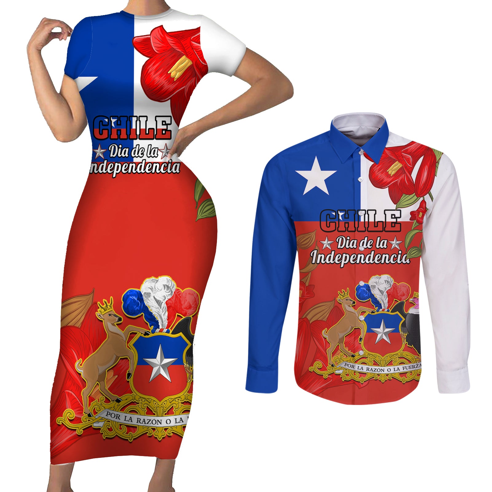 Chile Independence Day Couples Matching Short Sleeve Bodycon Dress and Long Sleeve Button Shirts Chilean Copihue Felices Fiestas Patrias - Wonder Print Shop