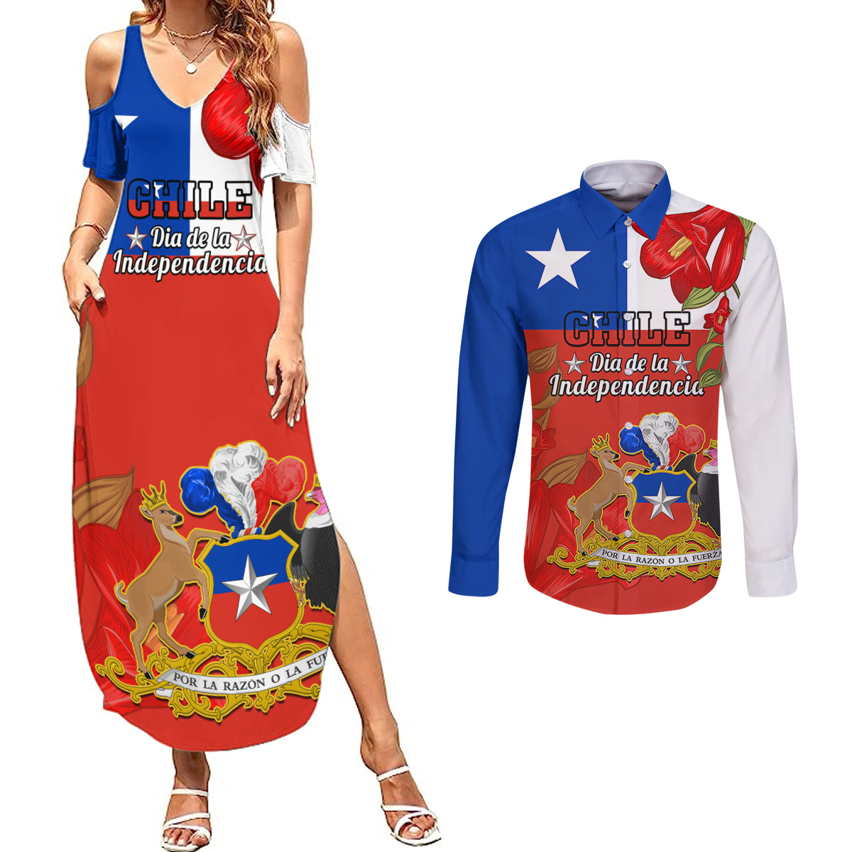 Chile Independence Day Couples Matching Summer Maxi Dress and Long Sleeve Button Shirts Chilean Copihue Felices Fiestas Patrias - Wonder Print Shop