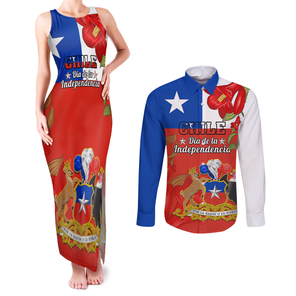 Chile Independence Day Couples Matching Tank Maxi Dress and Long Sleeve Button Shirts Chilean Copihue Felices Fiestas Patrias - Wonder Print Shop