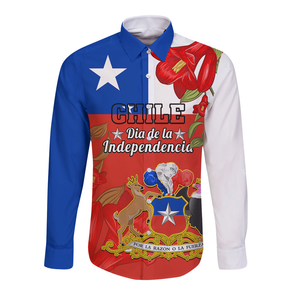 Unisex long-sleeve button shirt in blue, red, and white with Chile graphic print