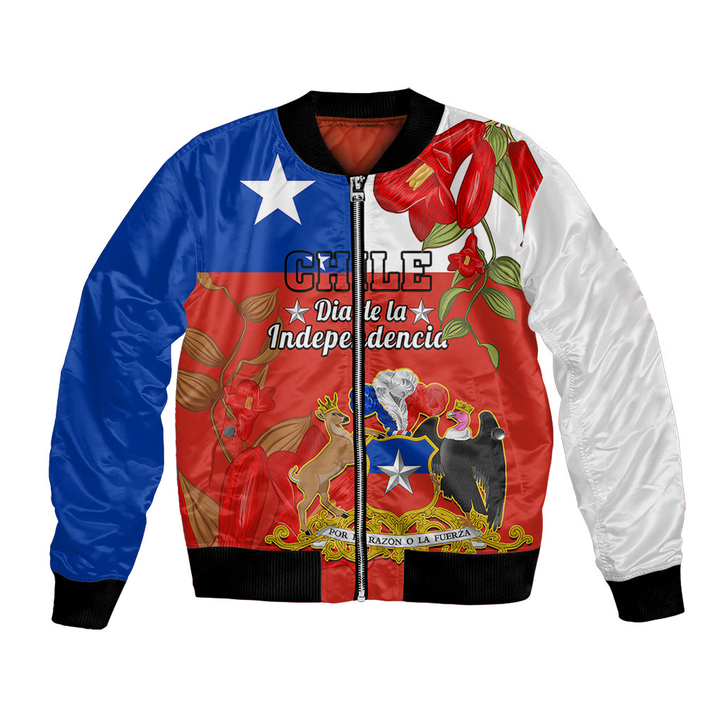 Unisex bomber jacket, blue/red/white satin with full-zip and black ribbed cuffs and hem.