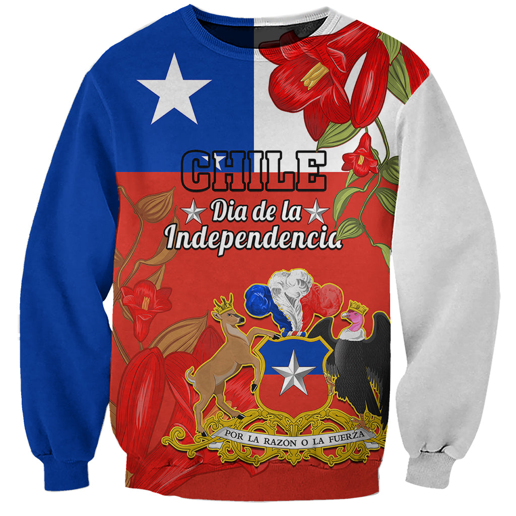 Unisex sweatshirt with Chile Independence Day print, blue and red, flower and stars