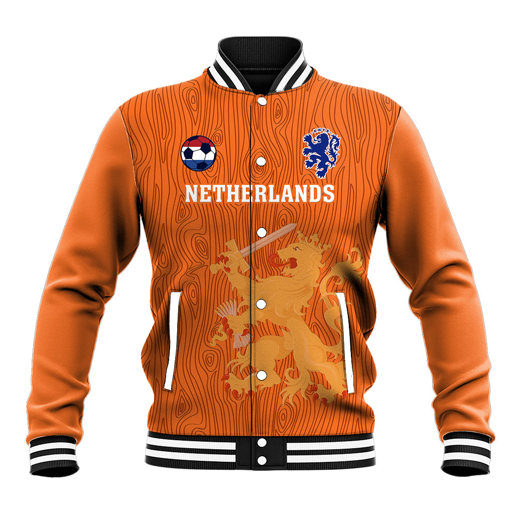 Orange football baseball jacket with striped collar, button front, Netherlands crest and text