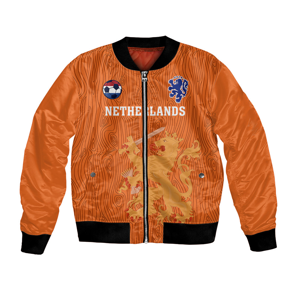 Orange Netherlands football bomber jacket with front zipper, black ribbed trim, crest graphics