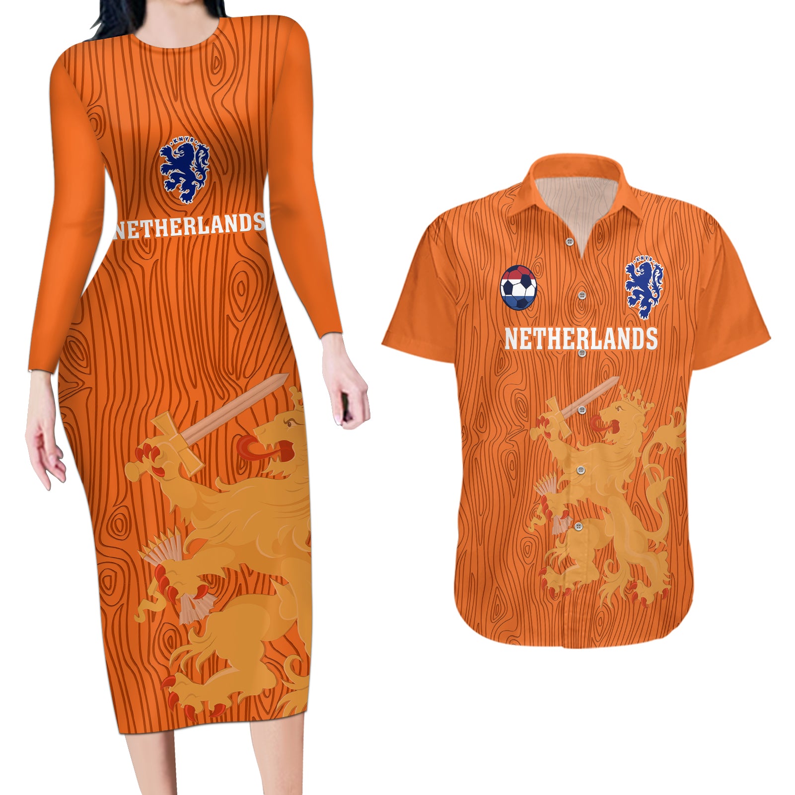 Netherlands Football Couples Matching Long Sleeve Bodycon Dress and Hawaiian Shirt Go Oranje 2023 World Cup - Wonder Print Shop